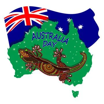 Map of Australia with lizard and flag isolated on white background. Stock Illustration