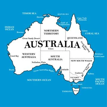 Map of Australia with locations on a blue background Stock Illustration