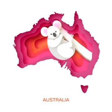 Map of Australia in paper cut style. Young koala. Australian bear. Eucalyptus or Stock Illustration