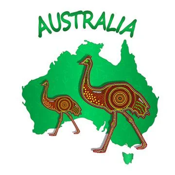 Map of Australia with two emu isolated on white background. Stock Illustration
