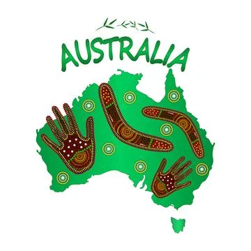 Map of Australia with two hand and boomerang isolated on white background. Stock Illustration