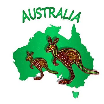 Map of Australia with two kangaroo isolated on white background. Stock Illustration