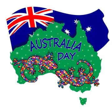 Map of Australia with two lizards and flag isolated on white background. Stock Illustration