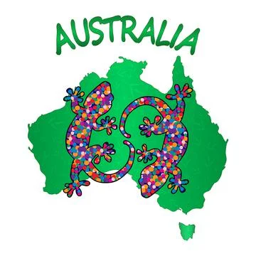 Map of Australia with two lizards isolated on white background. Stock Illustration