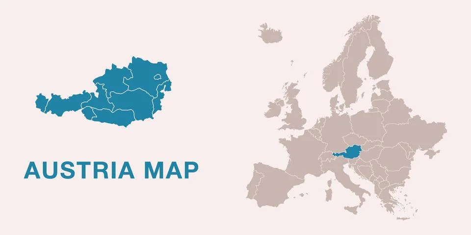 Map of Austria with administrative divisions, position on Europe map Ilustración de archivo
