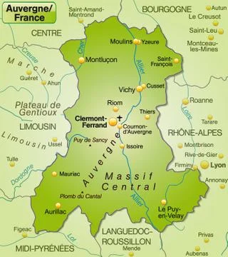 Map of auvergne as an overview map in green Stock Illustration