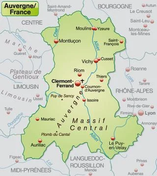 Map of auvergne as an overview map in pastel green Stock Illustration
