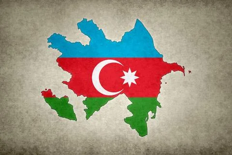 Map of Azerbaijan with its flag printed on a paper Stock Illustration