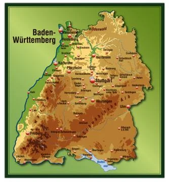 Map of baden-wuerttemberg as an overview map with hight layers Stock Illustration