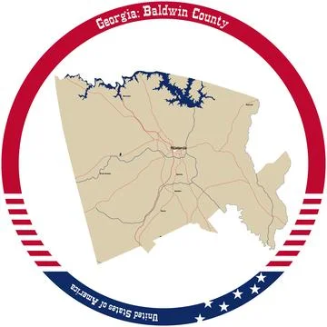 Map of Baldwin County in Georgia, USA arranged in a circle. Stock Illustration