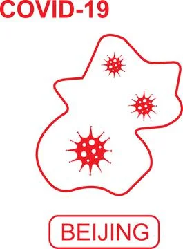 Map of Beijing labeled COVID-19. White outline map on a red background. Stock Illustration
