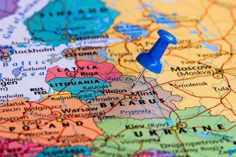 Map of Belarus with a blue pushpin stuck Stock Photos