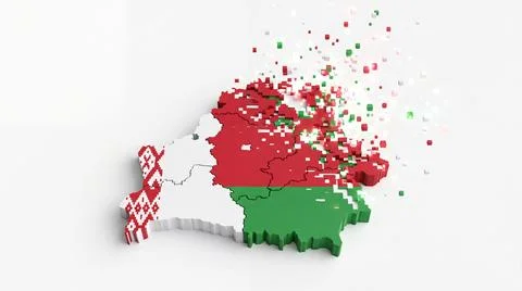 Map of Belarus showing internal regions dissolving into scattered cubic fra.. Stockillustratie