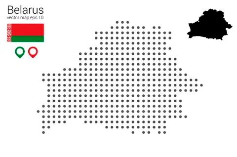Map of Belarus, vector drawing, dotted with flag and map marker. Stock Illustration