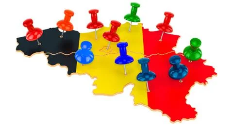 Map of Belgium with colored push pins, 3D rendering Stock Illustration