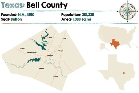 Map of Bell county in Texas Stock Illustration