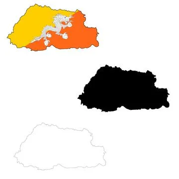 Map of Bhutan icon. Bhutan Map sign. Outline Bhutan.  Flag of Bhutan symbol. Stock Illustration