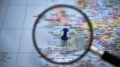 Map with a blue pin in focus showing a Bordeaux in Europe Stock Photos
