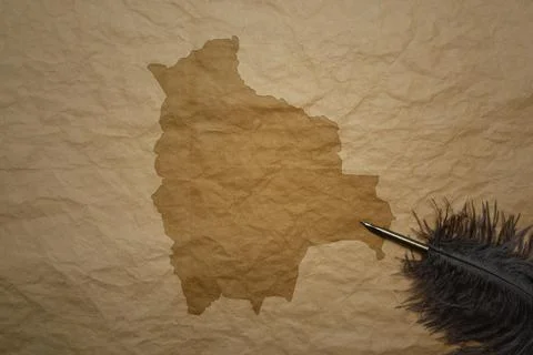 Map of bolivia on a old paper background with old pen 스톡 사진