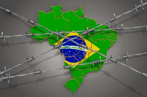Map of Brazil with barbed wire, 3D rendering Stock Illustration