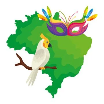 Map of brazil with parrot and mask carnival Stock Illustration