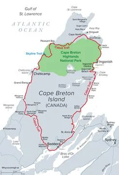 Map of Cabot Trail, on Cape Breton Island, Nova Scotia, Canada Stock Illustration