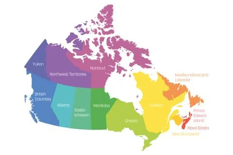 Map of Canada divided into 10 provinces and 3 territories. Administrative Stock Illustration