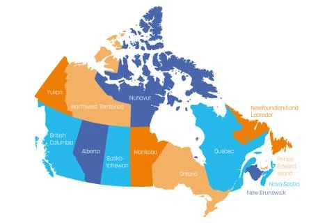 Map of Canada divided into 10 provinces and 3 territories. Administrative Stock Illustration