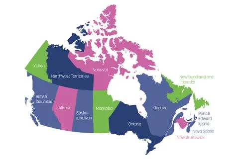 Map of Canada divided into 10 provinces and 3 territories. Administrative Stock Illustration
