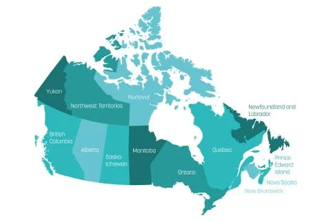 Map of Canada divided into 10 provinces and 3 territories. Administrative Stock Illustration