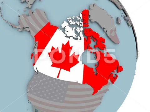 Map of Canada on political globe with flag Stock Illustration