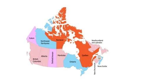 Map of canada with provinces and territories colored and labeled clearly for Stock Illustration