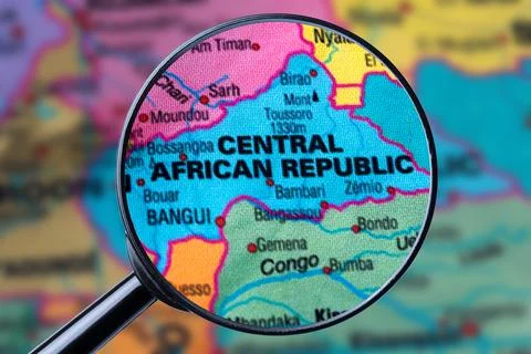 Map of CENTRAL AFRICAN REPUBLIC through magnifying glass. Stock Photos