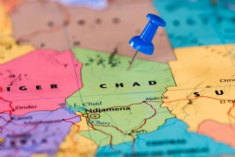 Map of Chad with a blue pushpin stuck Stock Photos