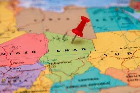 Map of Chad with a red pushpin stuck Foto stock