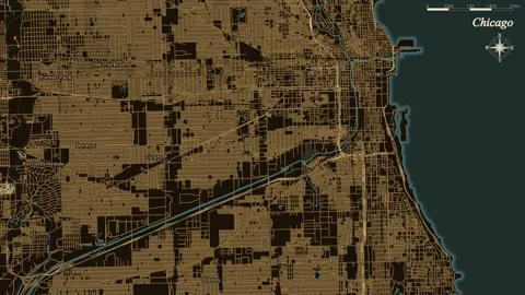 Map of Chicago showcases its urban grid, highlighting complex road networks and Stock Footage 347405166
