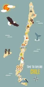 Map of Chile with destinations, animals, landmarks Stock Illustration