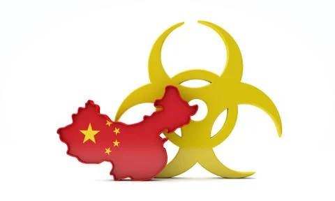 Map of China with bio hazard warning sign. 3D Rendering Ilustração Stock