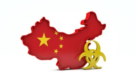 Map of China with bio hazard warning sign. 3D Rendering Illustrazione stock