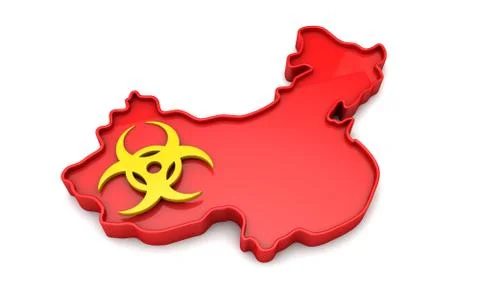 Map of China with bio hazard warning sign. 3D Rendering Stock Illustration