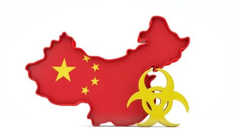 Map of China with bio hazard warning sign. 3D Rendering Ilustração Stock