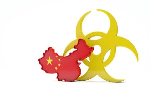 Map of China with bio hazard warning sign. 3D Rendering Ilustração Stock