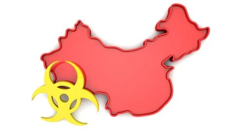 Map of China with bio hazard warning sign. 3D Rendering Illustrazione stock