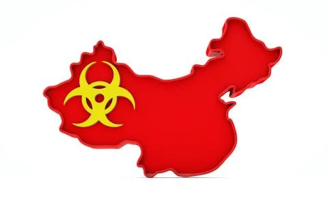 Map of China with bio hazard warning sign. 3D Rendering Ilustração Stock