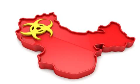 Map of China with bio hazard warning sign. 3D Rendering Ilustração Stock