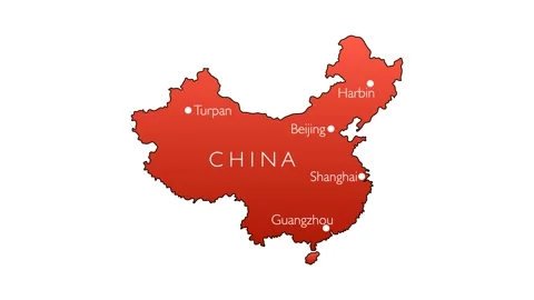Map of China is drawn with important cities: Beijing, Harbin, Guangzhou Stock Footage 146645279