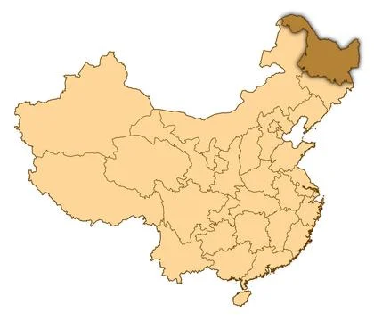 Map of China, Heilongjiang highlighted Map of China where Heilongjiang is ... 库存照片
