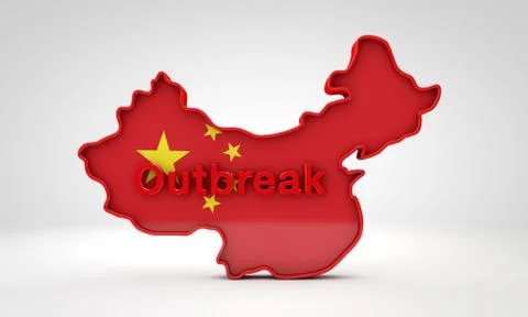 Map of China with the word outbreak. 3D Rendering Illustrazione stock
