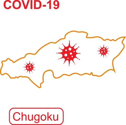 Map of Chugoku labeled COVID-19. Orange outline map on a white background. Stock-Illustration