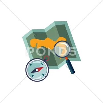 Map, Compass And Magnifying Glass Stock Illustrationen
